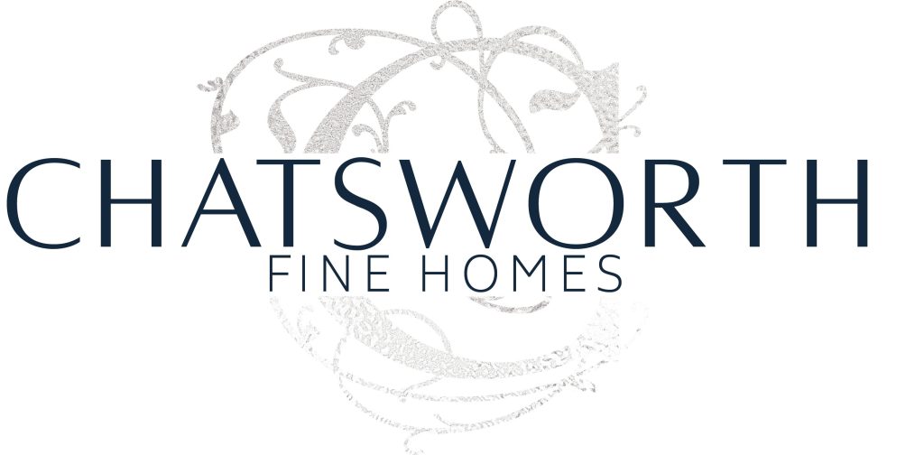 Logo for "Chatsworth Fine Homes" with a decorative design in the background, showcasing the elegance of an Oakville contractor.