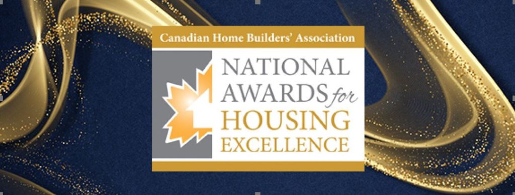 Promotional banner for the Canadian Home Builders' Association National Awards for Housing Excellence featuring gold accents, a maple leaf emblem, and highlighting net zero green building achievements.