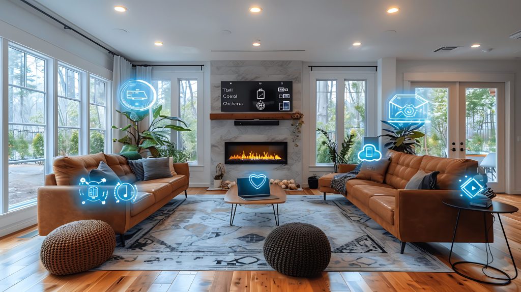 A modern living room with a fireplace, two brown sofas, box icons and holographic symbols indicating smart home features. Large windows, potted plants, and a coffee table in the center complement the decor of this sustainable custom luxury home built with eco-friendly materials.